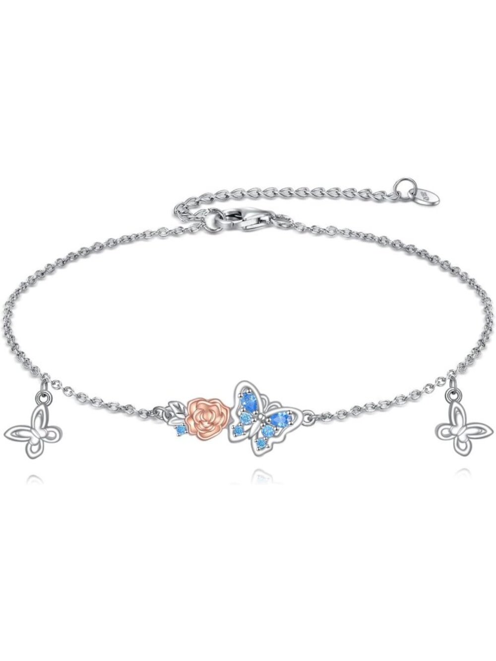 925 Sterling Silver Butterfly Bracelet with Ocean Blue CZ Pendant - Perfect Gift